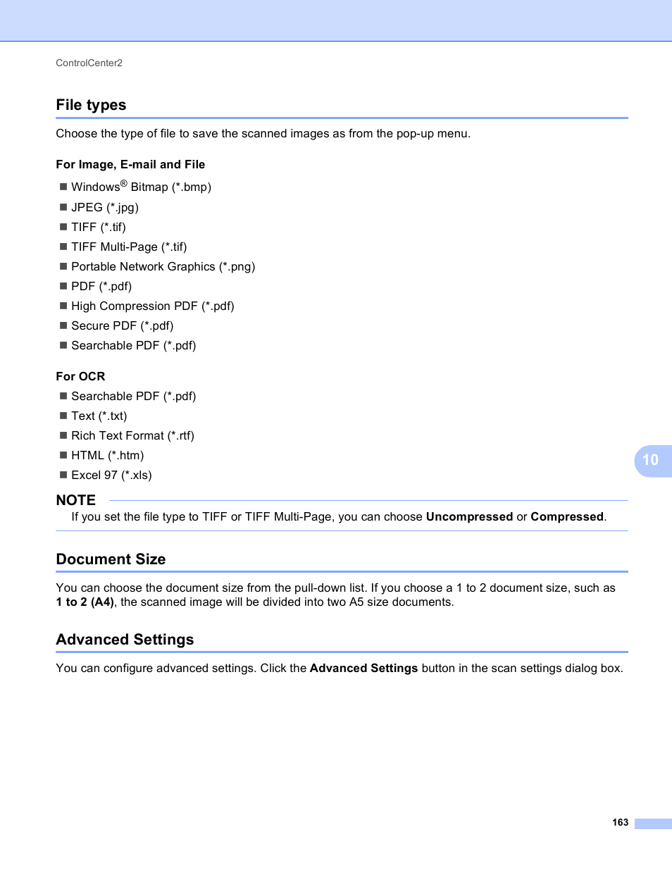 File types, Document size, Advanced settings | File types document size advanced settings, 10 file types | Brother MFC-J4410DW User Manual | Page 171 / 240