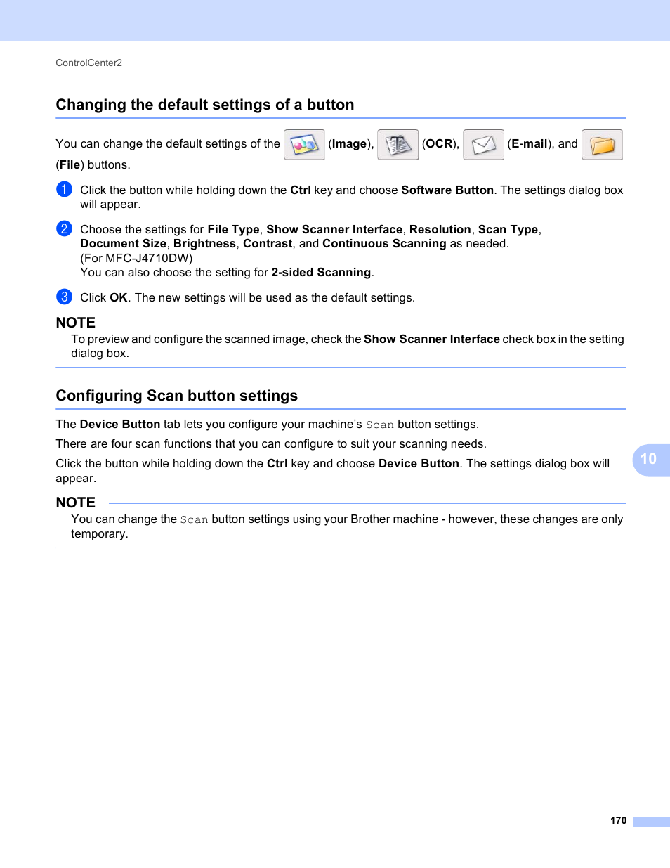 Changing the default settings of a button, Configuring scan button settings, 10 changing the default settings of a button | Brother MFC-J4410DW User Manual | Page 178 / 240