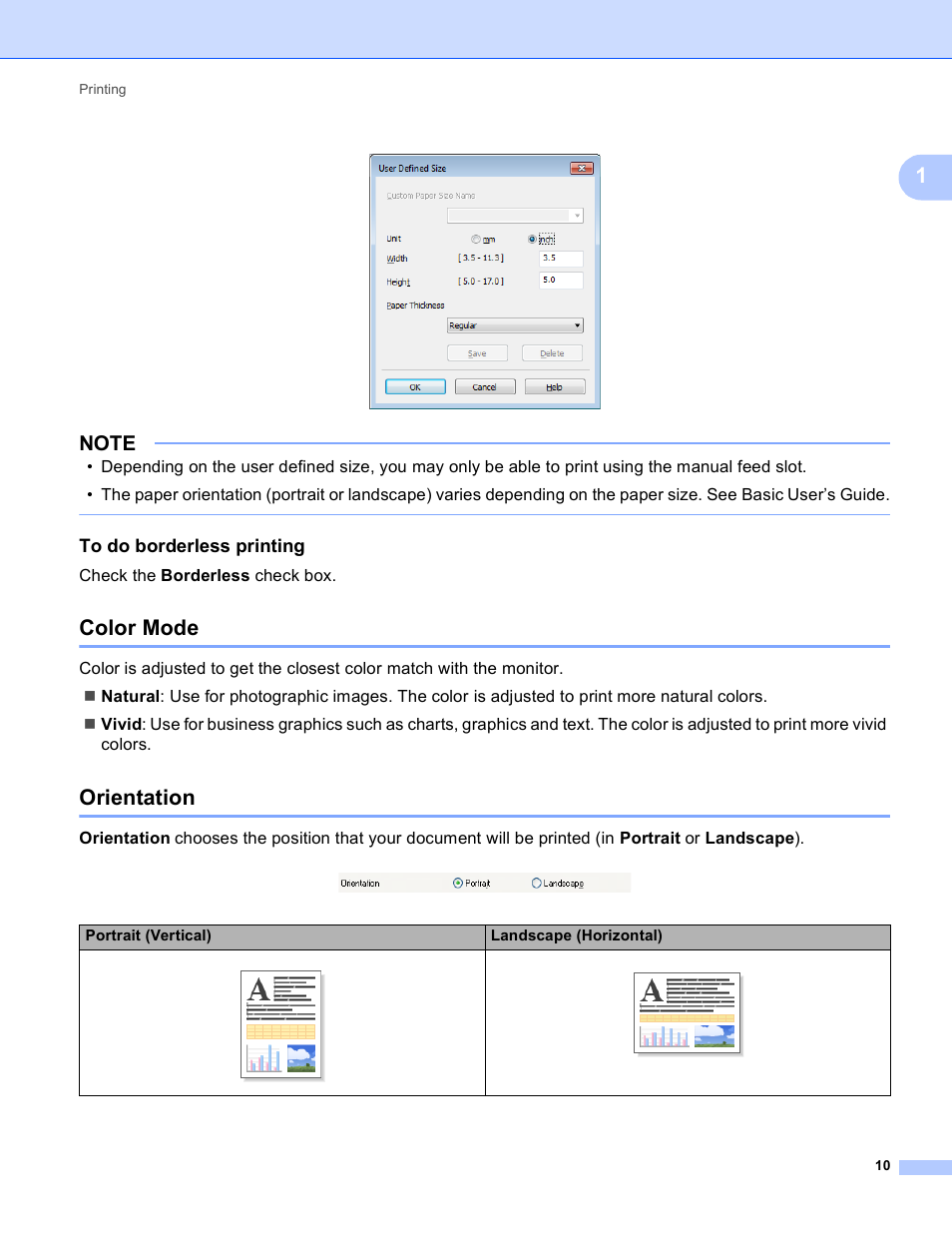 To do borderless printing, Color mode, Orientation | Color mode orientation, Check the borderless check box | Brother MFC-J4410DW User Manual | Page 18 / 240