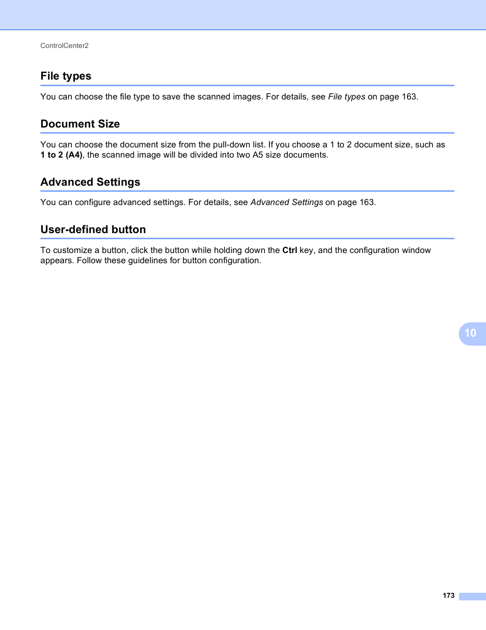 File types, Document size, Advanced settings | User-defined button, 10 file types | Brother MFC-J4410DW User Manual | Page 181 / 240