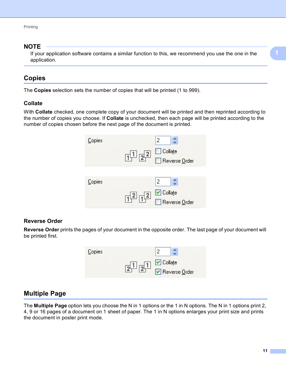Copies, Collate, Reverse order | Multiple page | Brother MFC-J4410DW User Manual | Page 19 / 240