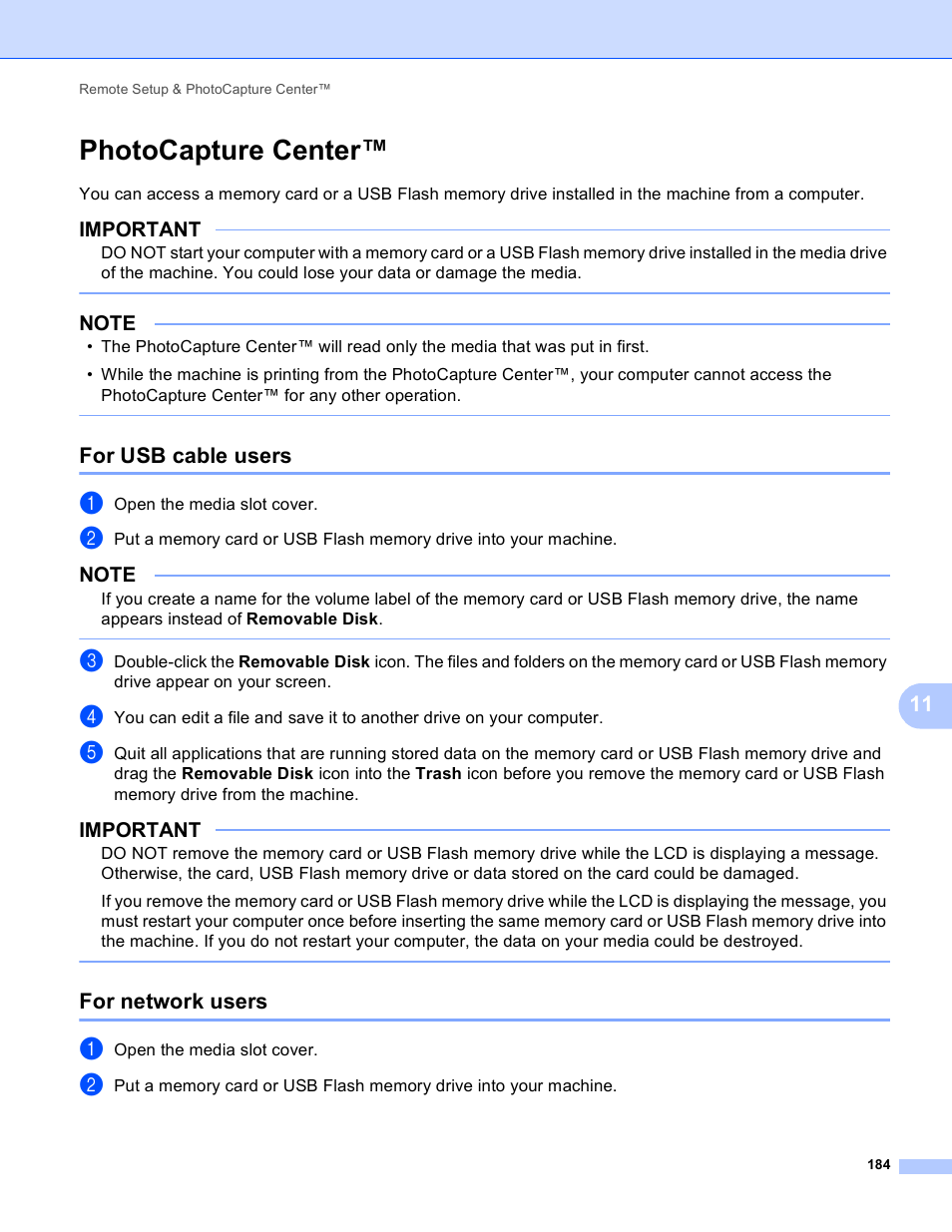 Photocapture center, For usb cable users, For network users | For usb cable users for network users, Important | Brother MFC-J4410DW User Manual | Page 192 / 240