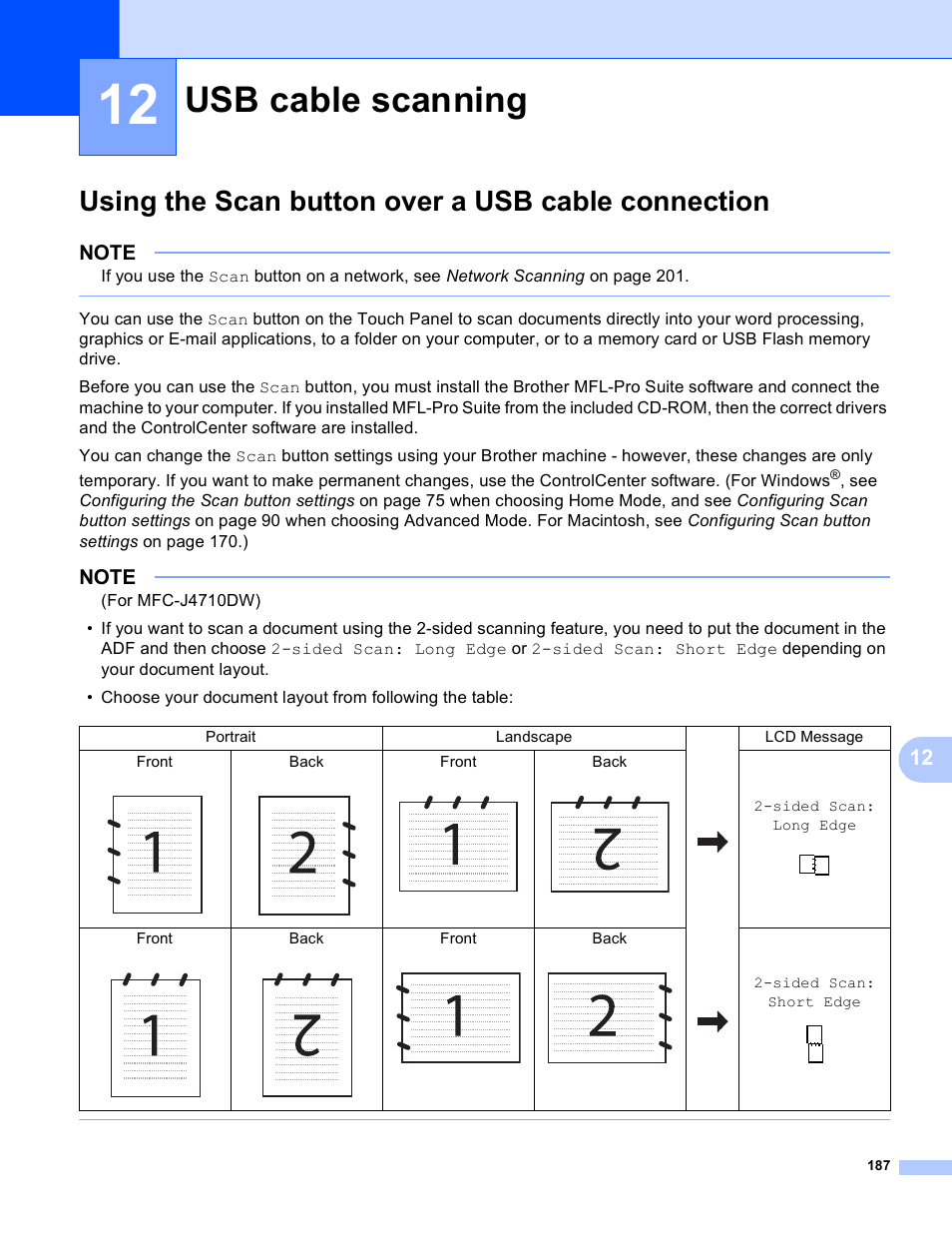 12 usb cable scanning, Using the scan button over a usb cable connection, Usb cable scanning | Brother MFC-J4410DW User Manual | Page 195 / 240