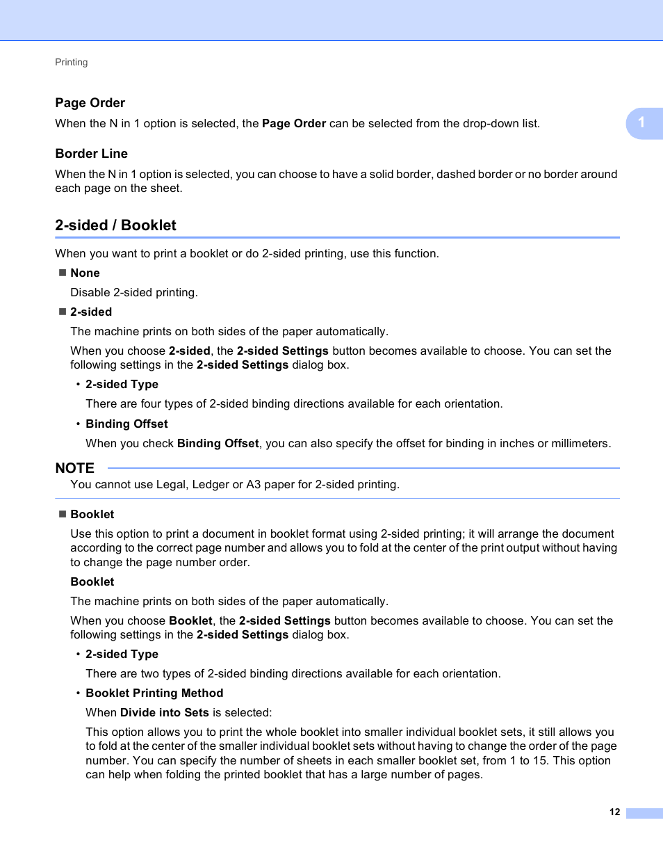 Border line, Sided / booklet, Page order | Brother MFC-J4410DW User Manual | Page 20 / 240