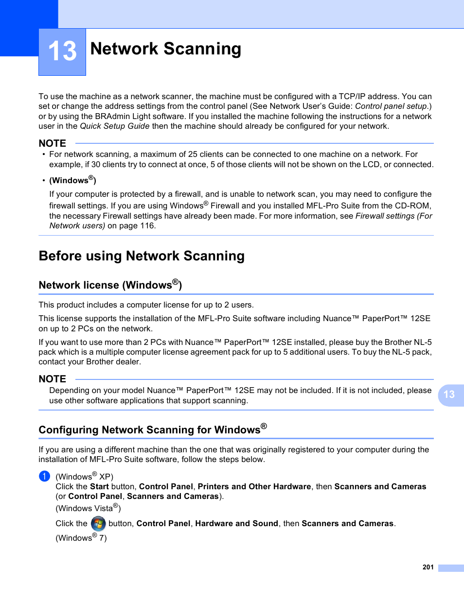 13 network scanning, Before using network scanning, Network license (windows®) | Configuring network scanning for windows, Network scanning, Network license (windows | Brother MFC-J4410DW User Manual | Page 209 / 240