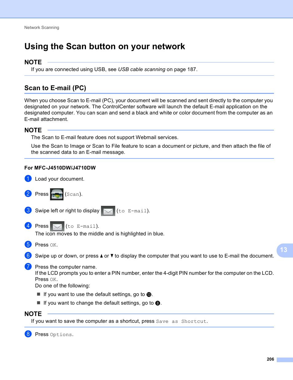 Using the scan button on your network, Scan to e-mail (pc) | Brother MFC-J4410DW User Manual | Page 214 / 240