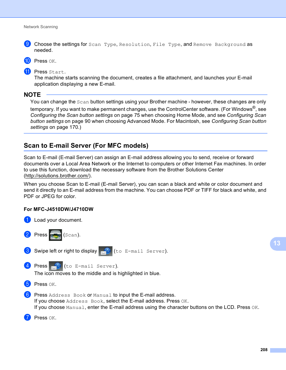 Scan to e-mail server (for mfc models) | Brother MFC-J4410DW User Manual | Page 216 / 240