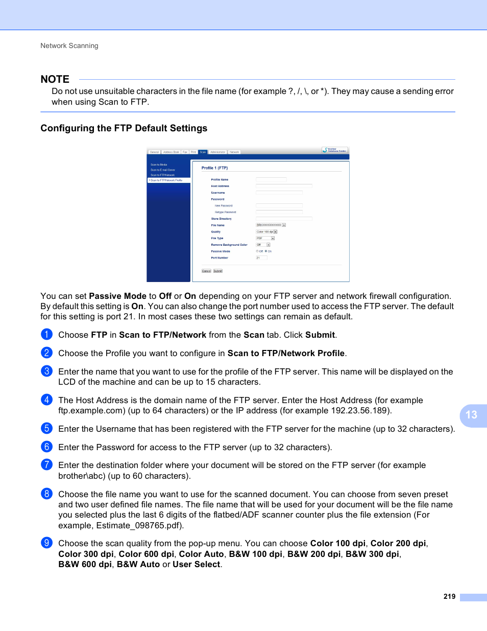 Configuring the ftp default settings | Brother MFC-J4410DW User Manual | Page 227 / 240