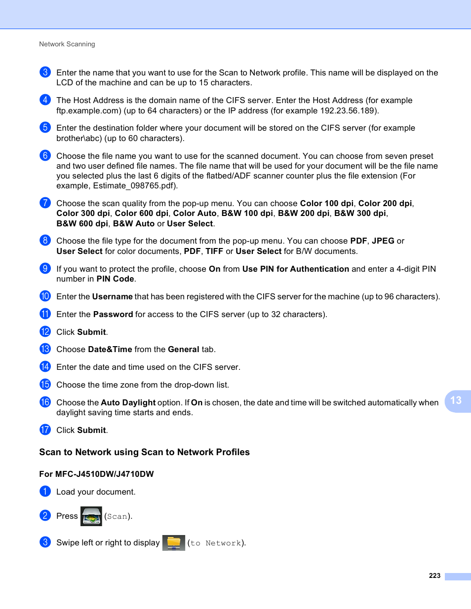 Scan to network using scan to network profiles | Brother MFC-J4410DW User Manual | Page 231 / 240