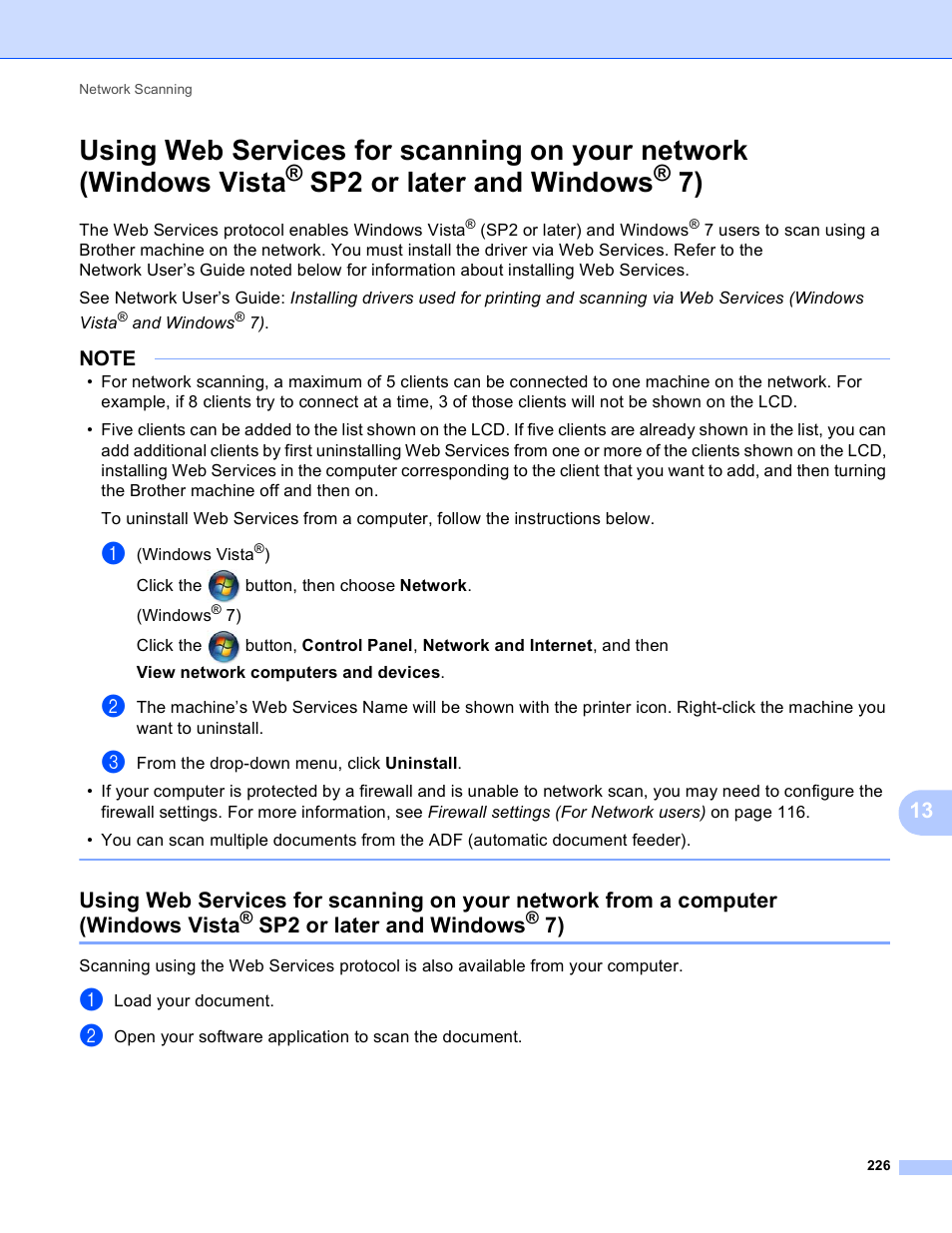 Using web services for scanning on your network, Windows vista, Sp2 or later and windows | Using web | Brother MFC-J4410DW User Manual | Page 234 / 240