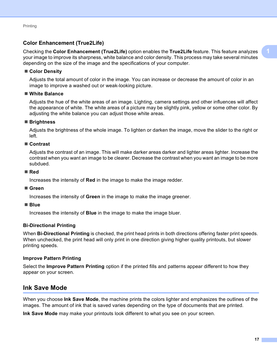 Color enhancement (true2life), Ink save mode | Brother MFC-J4410DW User Manual | Page 25 / 240