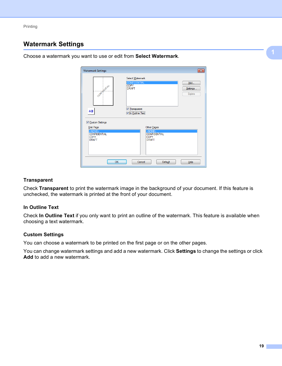 Watermark settings, 1watermark settings, Transparent | Brother MFC-J4410DW User Manual | Page 27 / 240