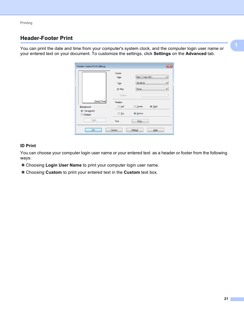 Header-footer print, 1header-footer print | Brother MFC-J4410DW User Manual | Page 29 / 240