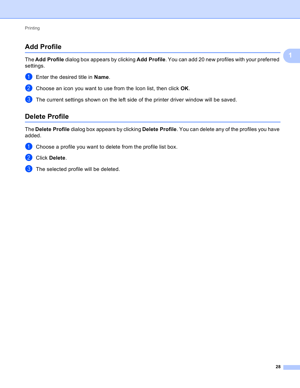 Add profile, Delete profile, Add profile delete profile | 1add profile | Brother MFC-J4410DW User Manual | Page 36 / 240