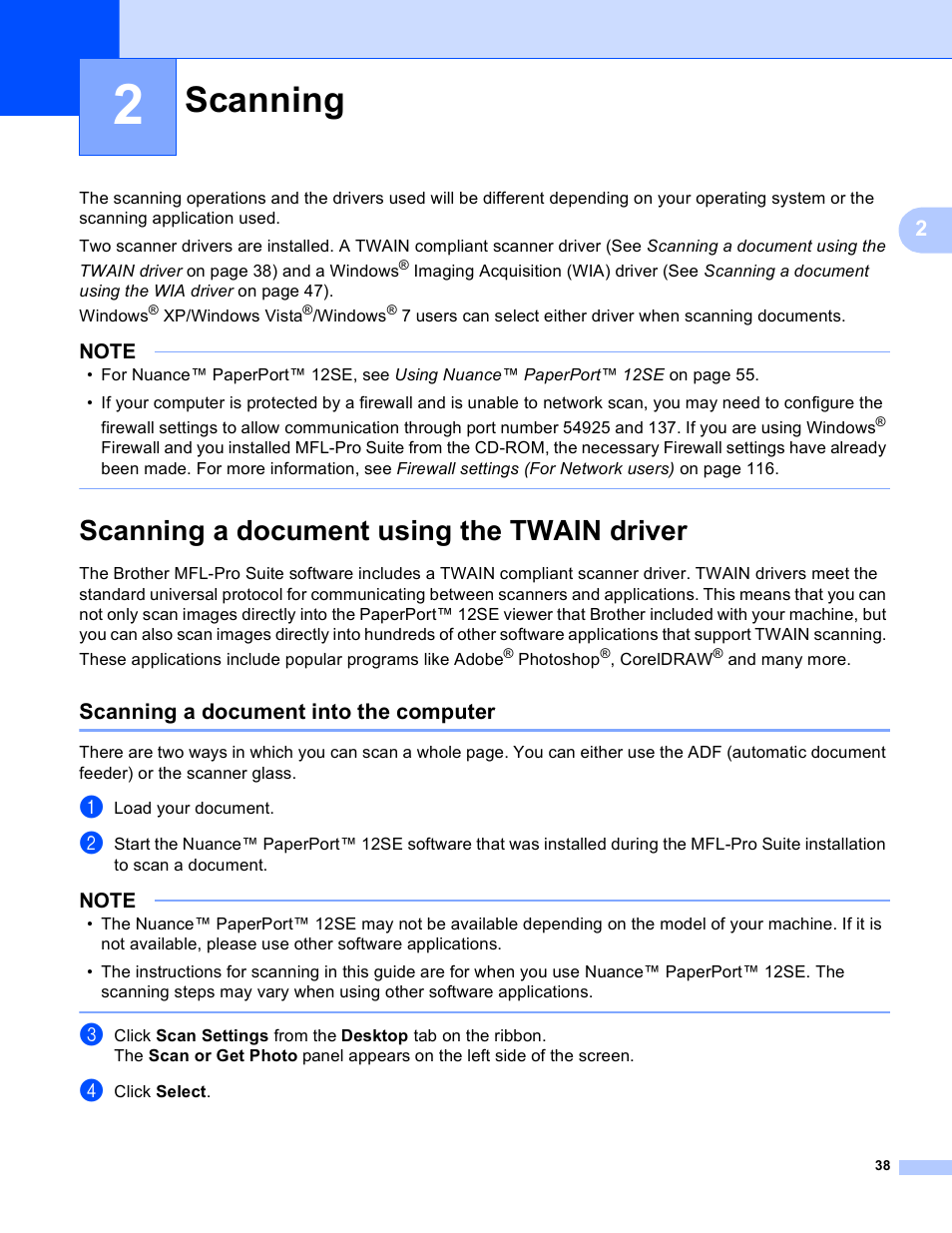 2 scanning, Scanning a document using the twain driver, Scanning a document into the computer | Scanning | Brother MFC-J4410DW User Manual | Page 46 / 240