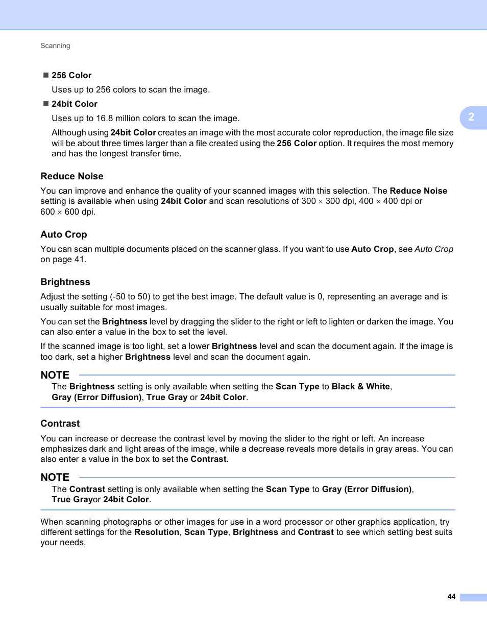 Reduce noise, Auto crop, Brightness | Contrast | Brother MFC-J4410DW User Manual | Page 52 / 240