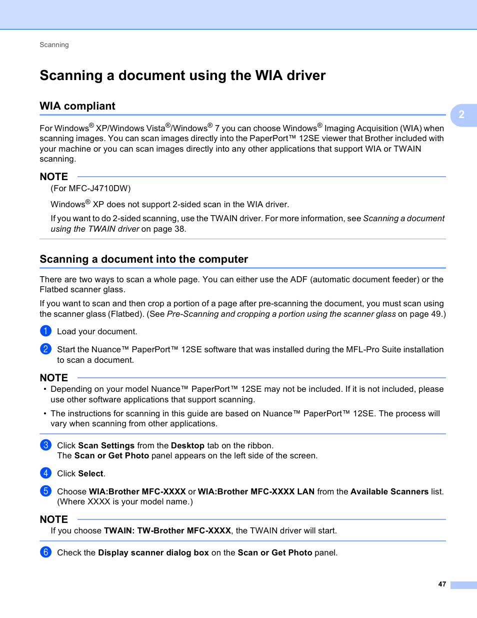 Scanning a document using the wia driver, Wia compliant, Scanning a document into the computer | Scanning a document | Brother MFC-J4410DW User Manual | Page 55 / 240