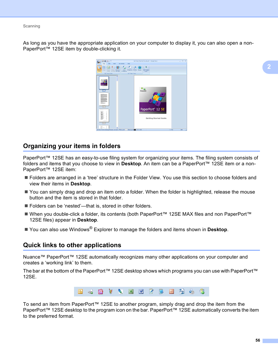 Organizing your items in folders, Quick links to other applications | Brother MFC-J4410DW User Manual | Page 64 / 240