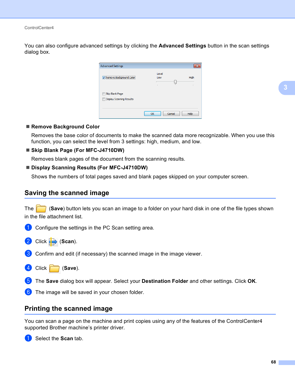 Saving the scanned image, Printing the scanned image | Brother MFC-J4410DW User Manual | Page 76 / 240