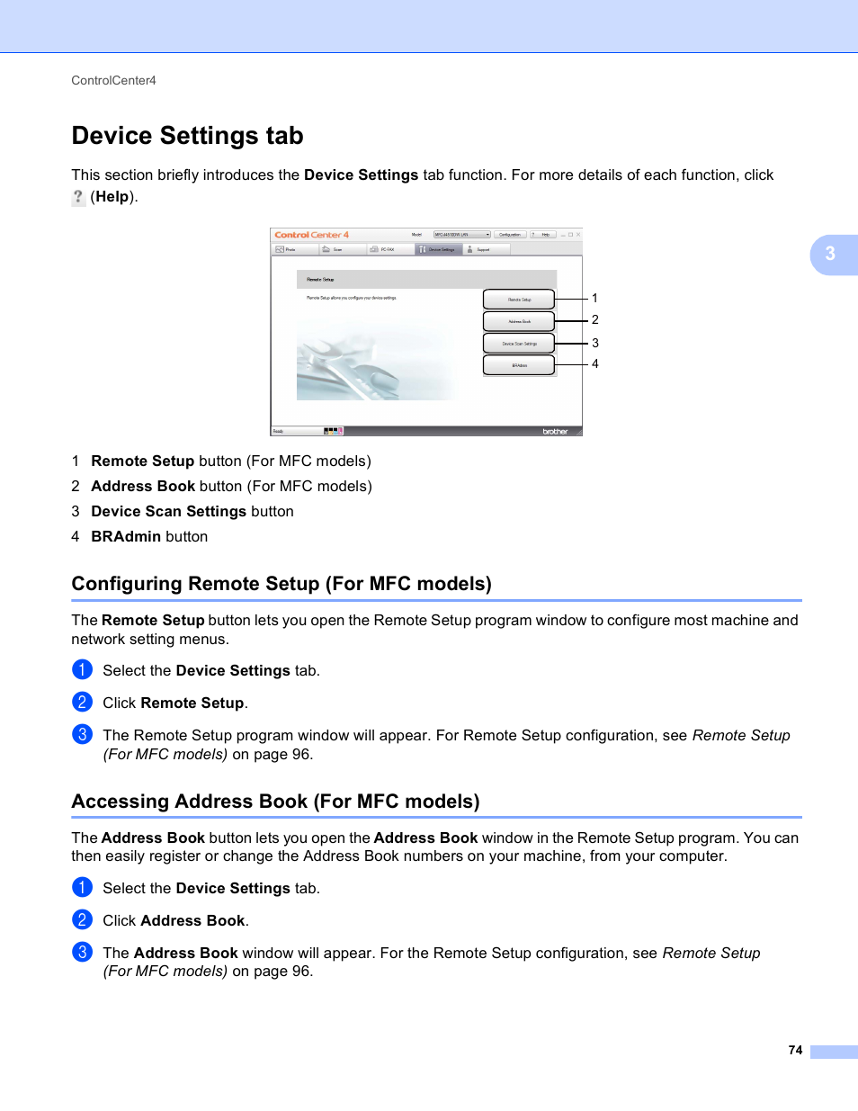 Device settings tab, Configuring remote setup (for mfc models), Accessing address book (for mfc models) | Brother MFC-J4410DW User Manual | Page 82 / 240
