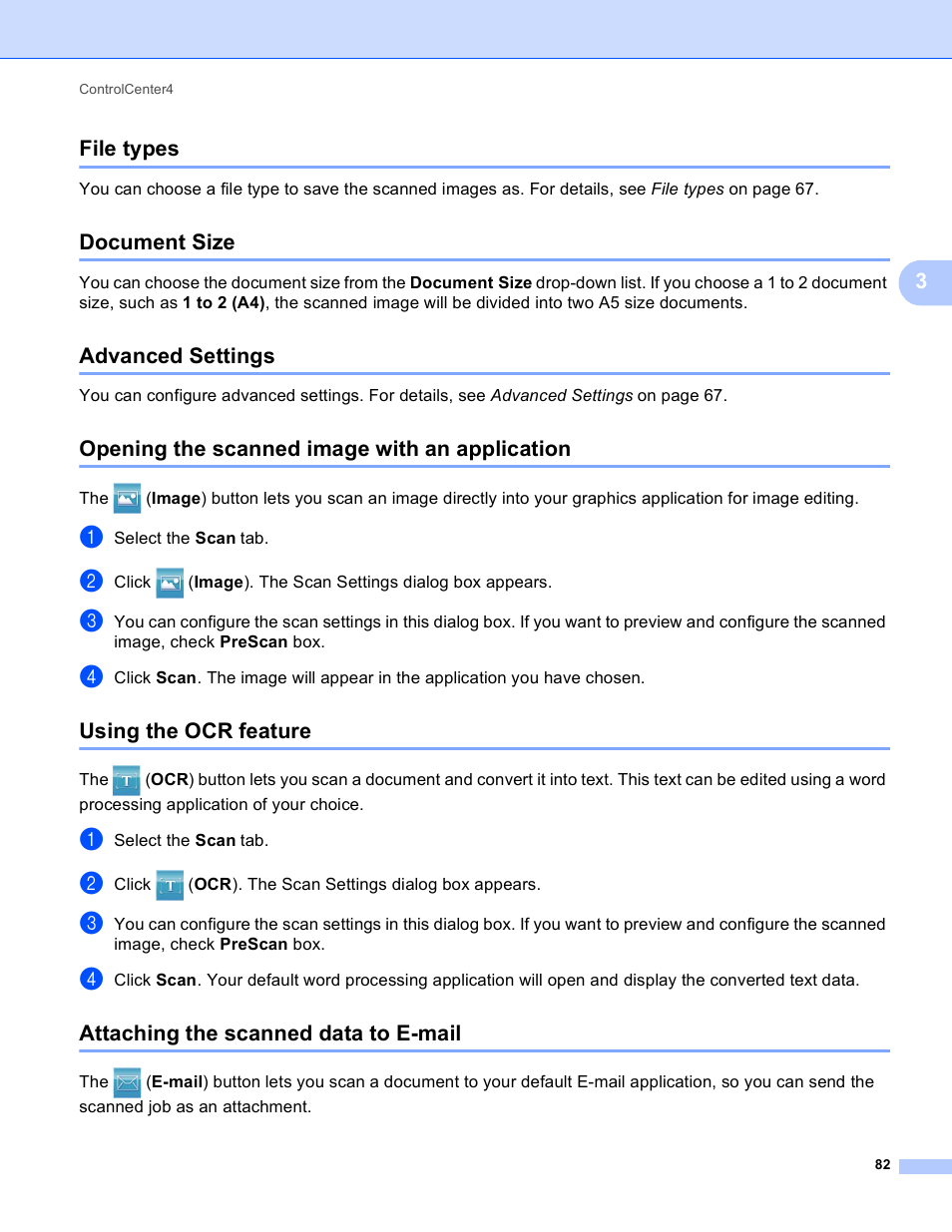 File types, Document size, Advanced settings | Opening the scanned image with an application, Using the ocr feature, Attaching the scanned data to e-mail, 3file types | Brother MFC-J4410DW User Manual | Page 90 / 240
