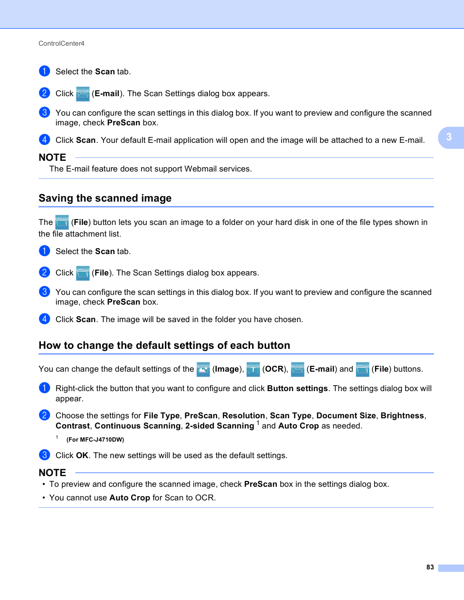 Saving the scanned image, How to change the default settings of each button | Brother MFC-J4410DW User Manual | Page 91 / 240