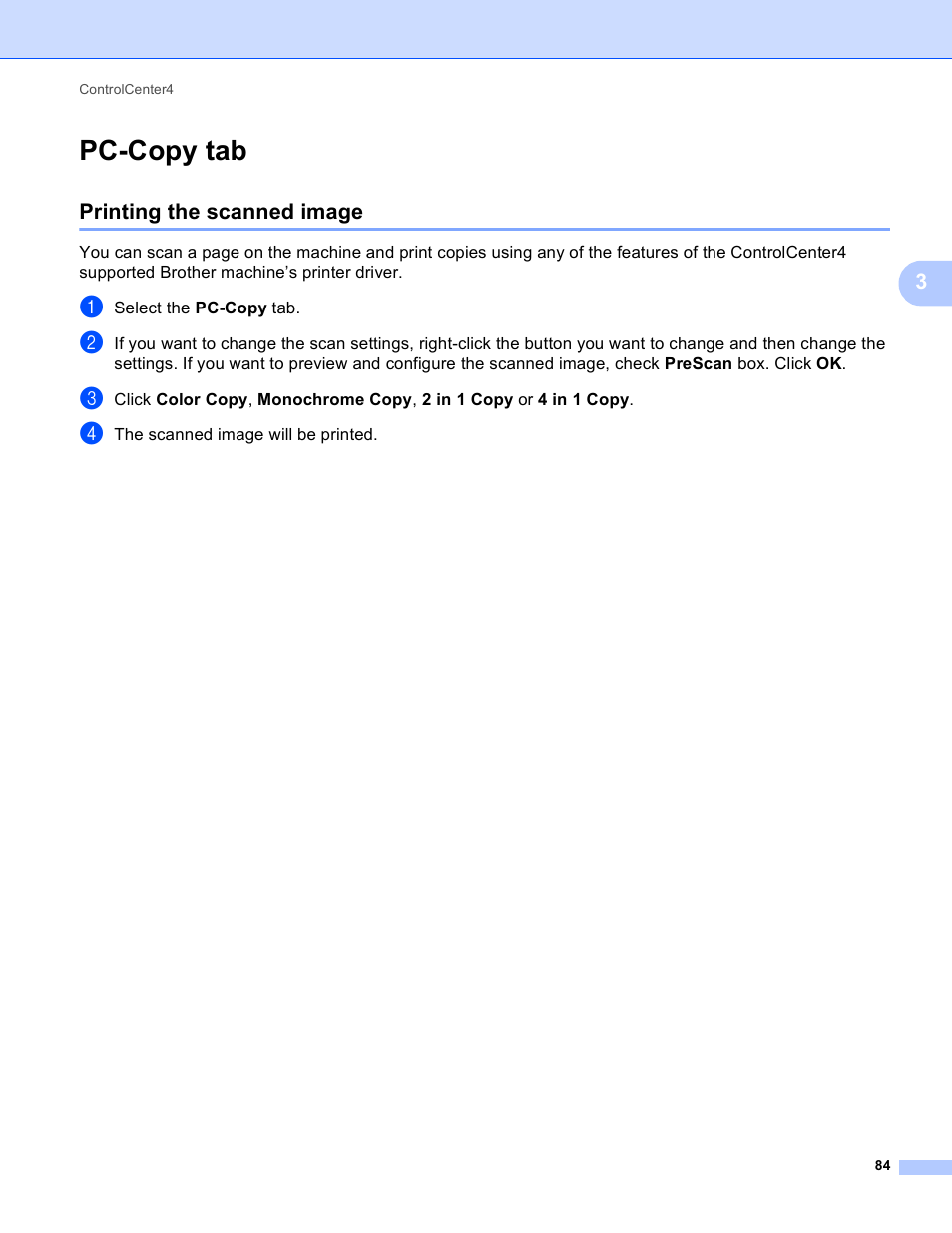 Pc-copy tab, Printing the scanned image | Brother MFC-J4410DW User Manual | Page 92 / 240