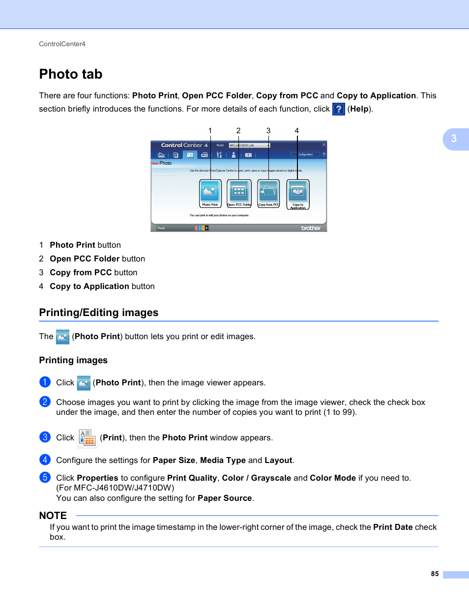 Photo tab, Printing/editing images, Printing images | Brother MFC-J4410DW User Manual | Page 93 / 240