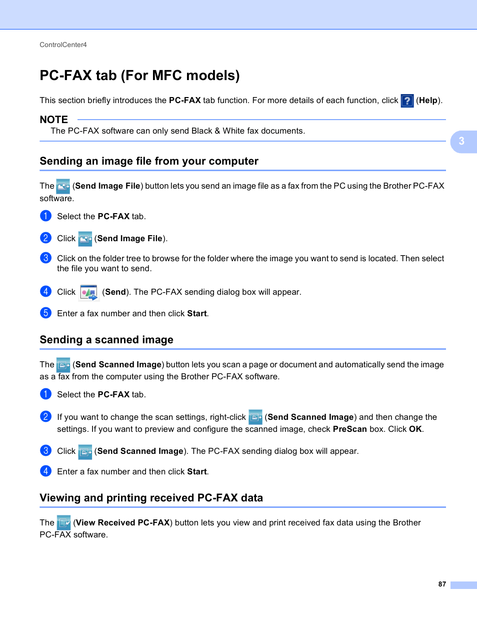 Pc-fax tab (for mfc models), Sending an image file from your computer, Sending a scanned image | Viewing and printing received pc-fax data | Brother MFC-J4410DW User Manual | Page 95 / 240