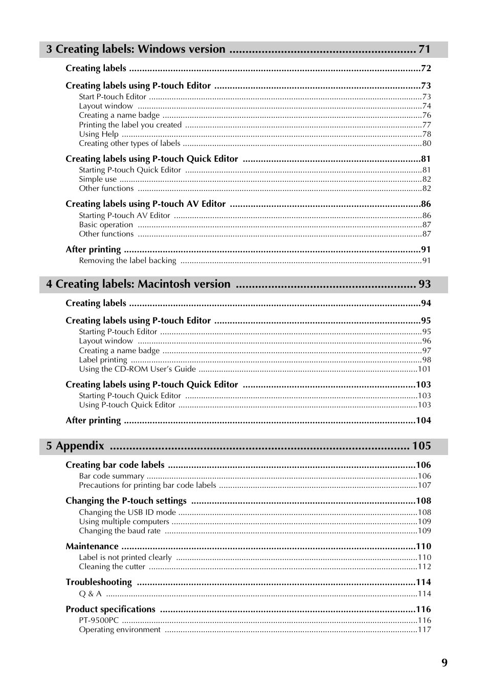 93 creating labels: windows version, 4 creating labels: macintosh version, 5 appendix | Brother PT-9500PC User Manual | Page 10 / 254