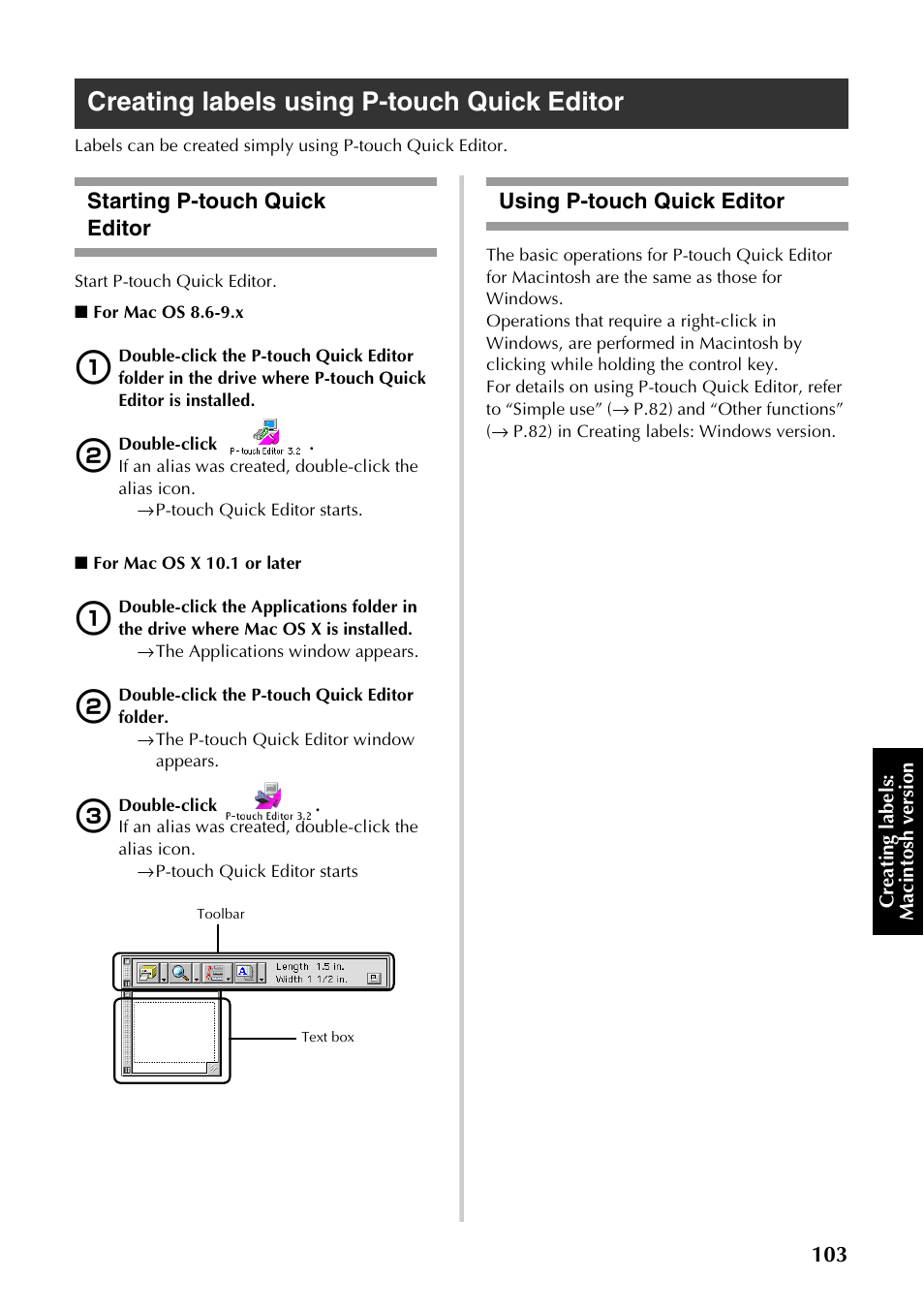 Creating labels using p-touch quick editor, Starting p-touch quick editor, Using p-touch quick editor | P.103) | Brother PT-9500PC User Manual | Page 104 / 254