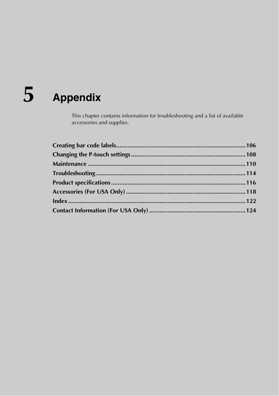 5 appendix, Appendix | Brother PT-9500PC User Manual | Page 106 / 254