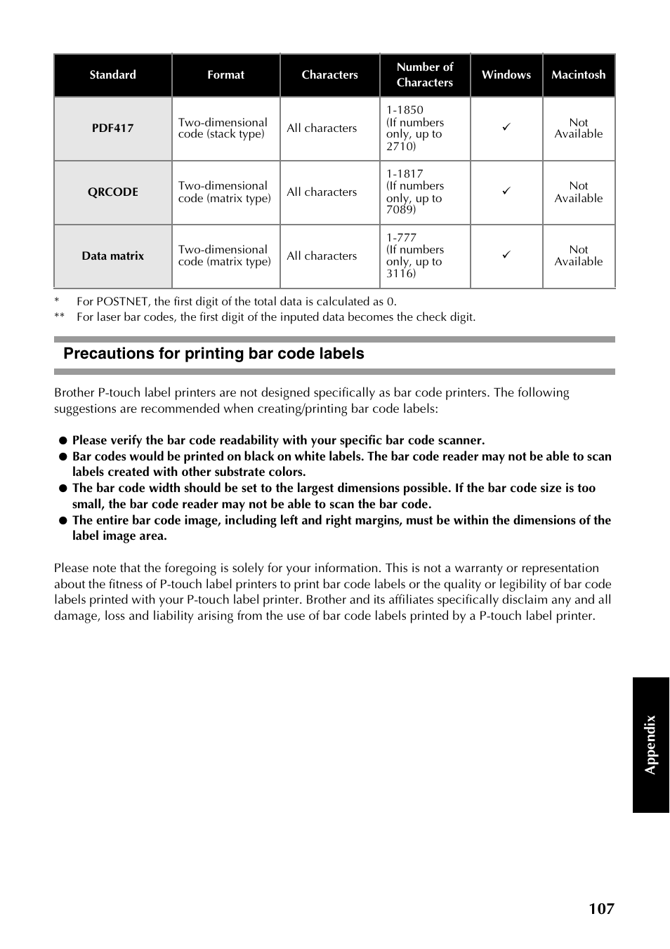 Precautions for printing bar code labels | Brother PT-9500PC User Manual | Page 108 / 254