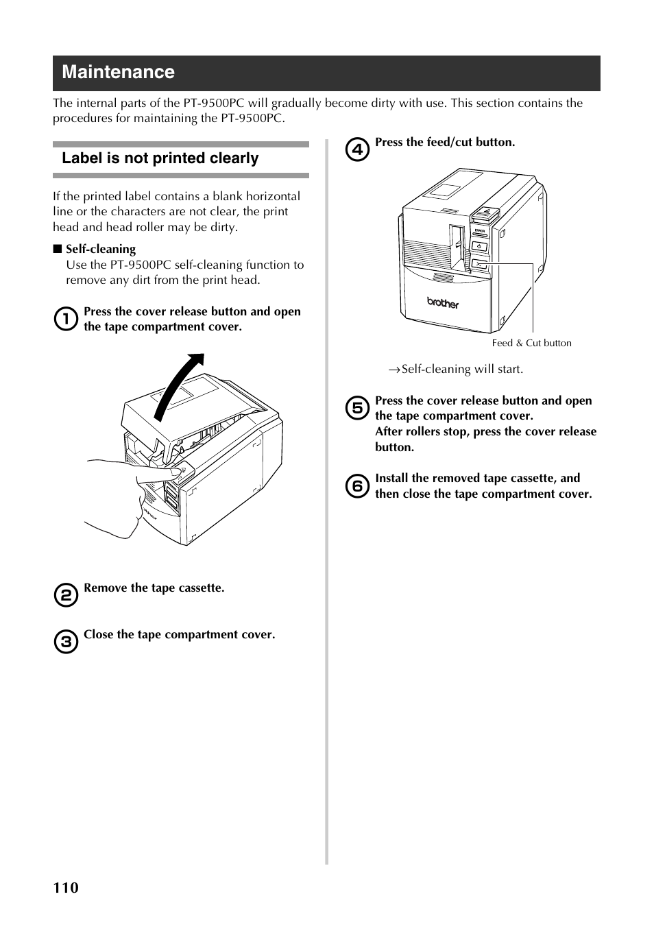Maintenance, Label is not printed clearly | Brother PT-9500PC User Manual | Page 111 / 254