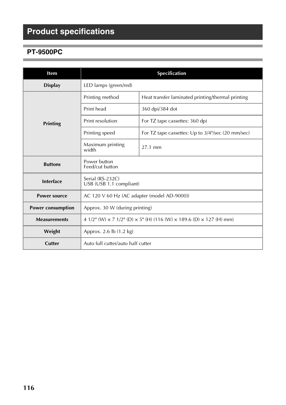 Product specifications, Pt-9500pc | Brother PT-9500PC User Manual | Page 117 / 254