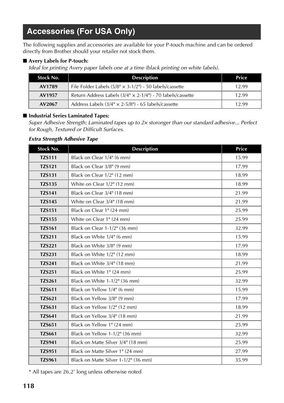 Accessories (for usa only) | Brother PT-9500PC User Manual | Page 119 / 254
