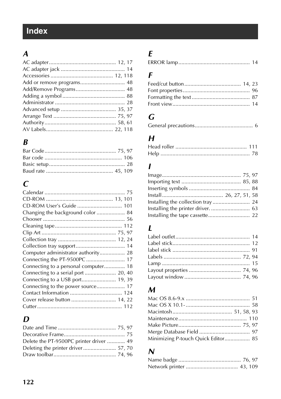Index, Index a | Brother PT-9500PC User Manual | Page 123 / 254