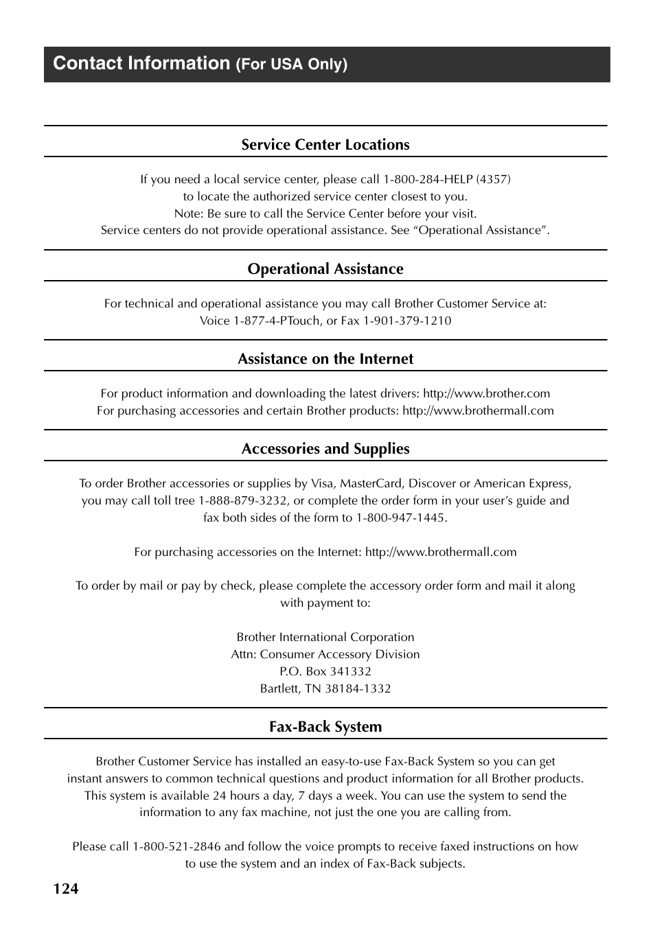 Contact information (for usa only), Contact information | Brother PT-9500PC User Manual | Page 125 / 254