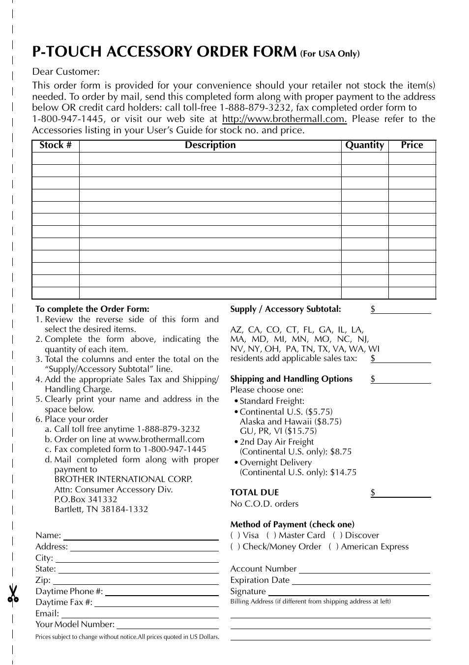 P-touch accessory order form | Brother PT-9500PC User Manual | Page 128 / 254