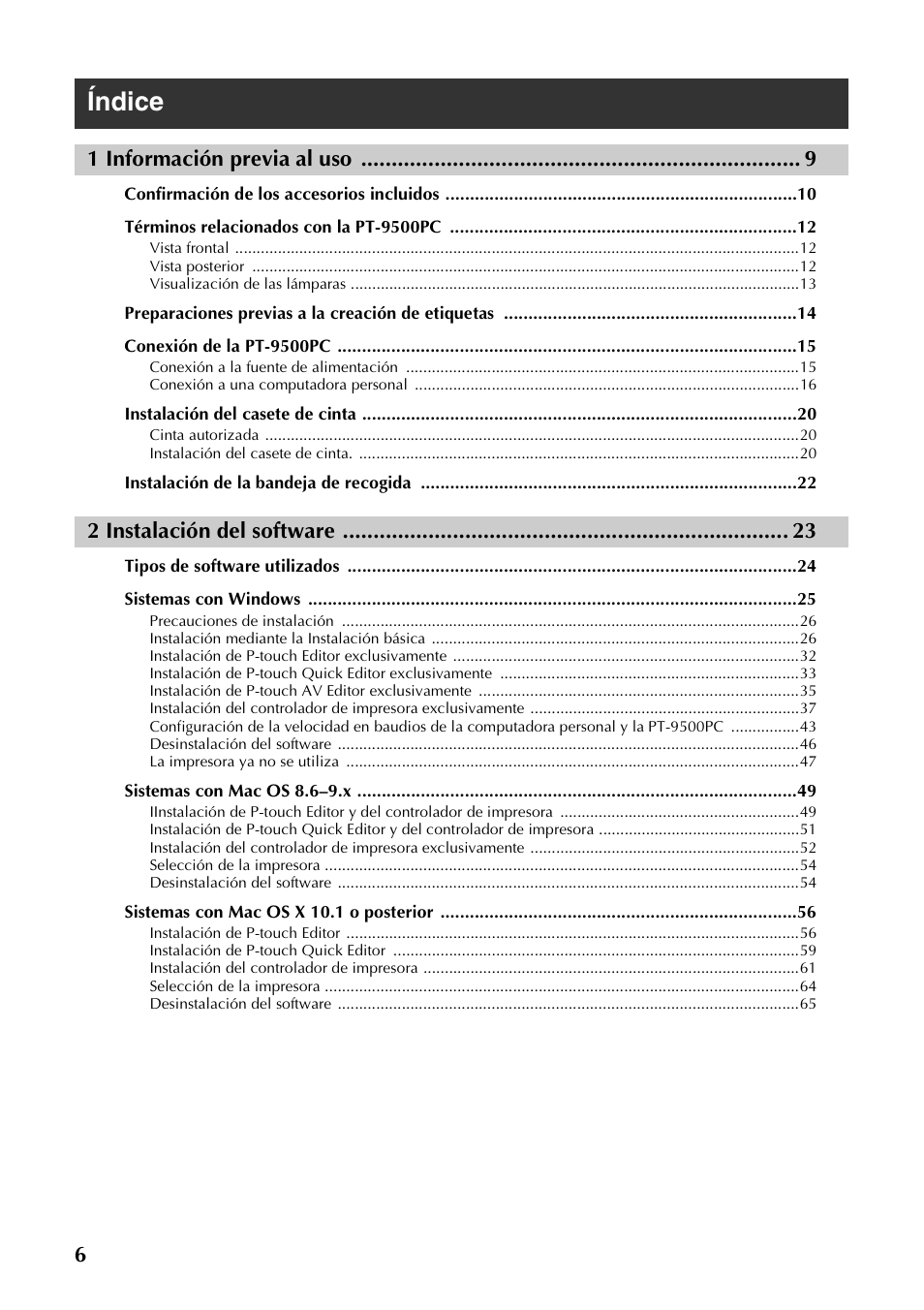 Índice, 1 información previa al uso, 2 instalación del software | Brother PT-9500PC User Manual | Page 134 / 254