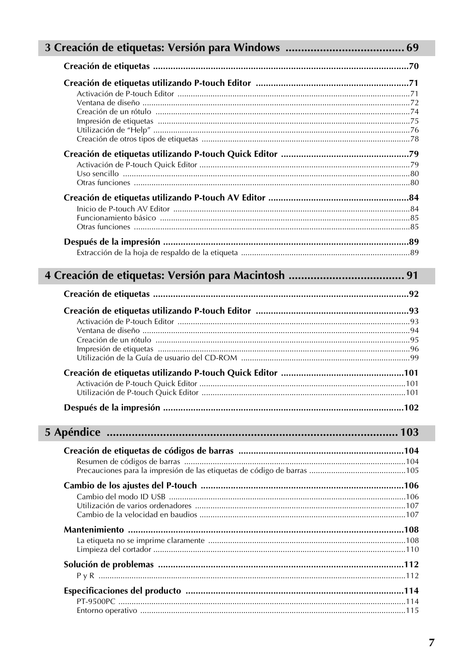 73 creación de etiquetas: versión para windows, 4 creación de etiquetas: versión para macintosh, 5 apéndice | Brother PT-9500PC User Manual | Page 135 / 254