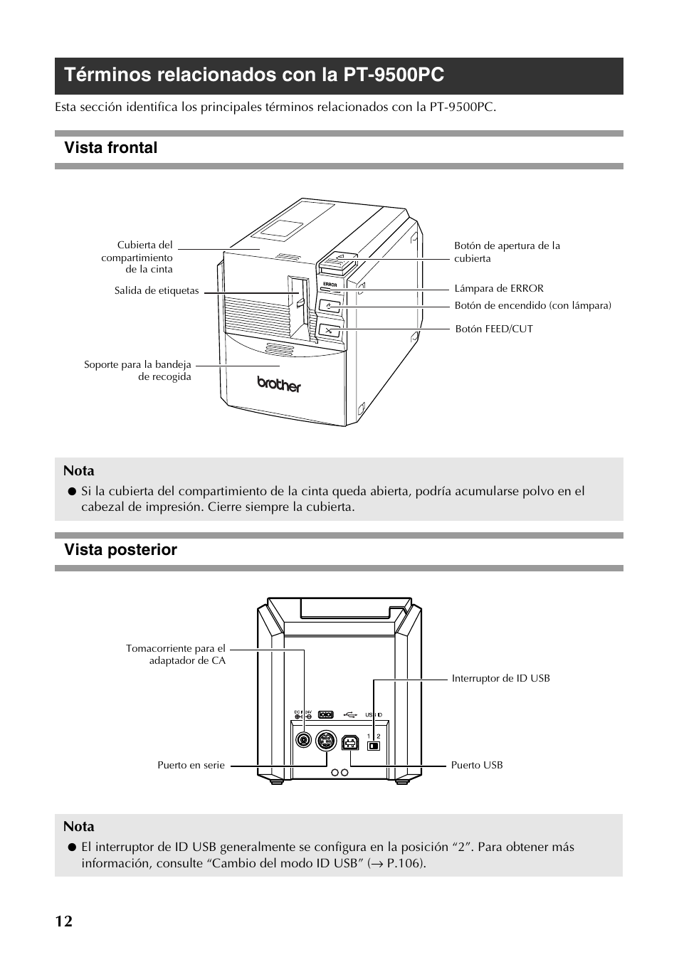 Términos relacionados con la pt-9500pc, Vista frontal, Vista posterior | Vista frontal vista posterior, Nota | Brother PT-9500PC User Manual | Page 140 / 254