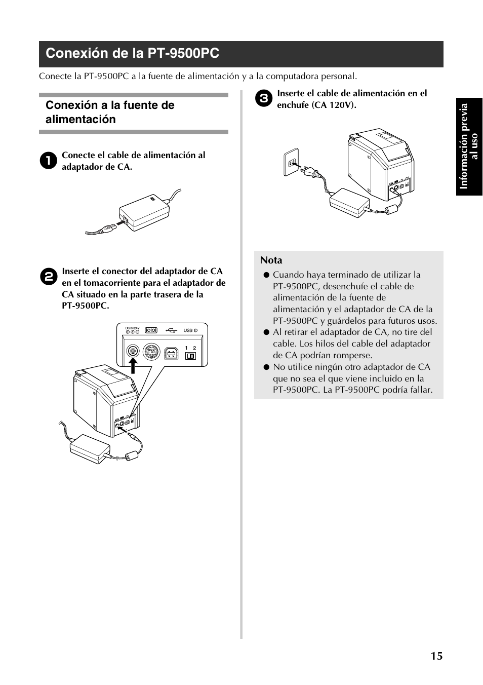Conexión de la pt-9500pc, Conexión a la fuente de alimentación, Te “conexión de la | Pt-9500pc, P.15) | Brother PT-9500PC User Manual | Page 143 / 254