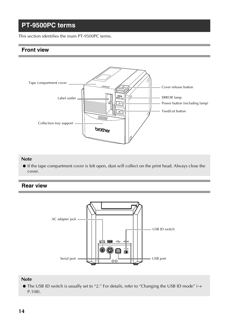 Pt-9500pc terms, Front view, Rear view | Front view rear view | Brother PT-9500PC User Manual | Page 15 / 254