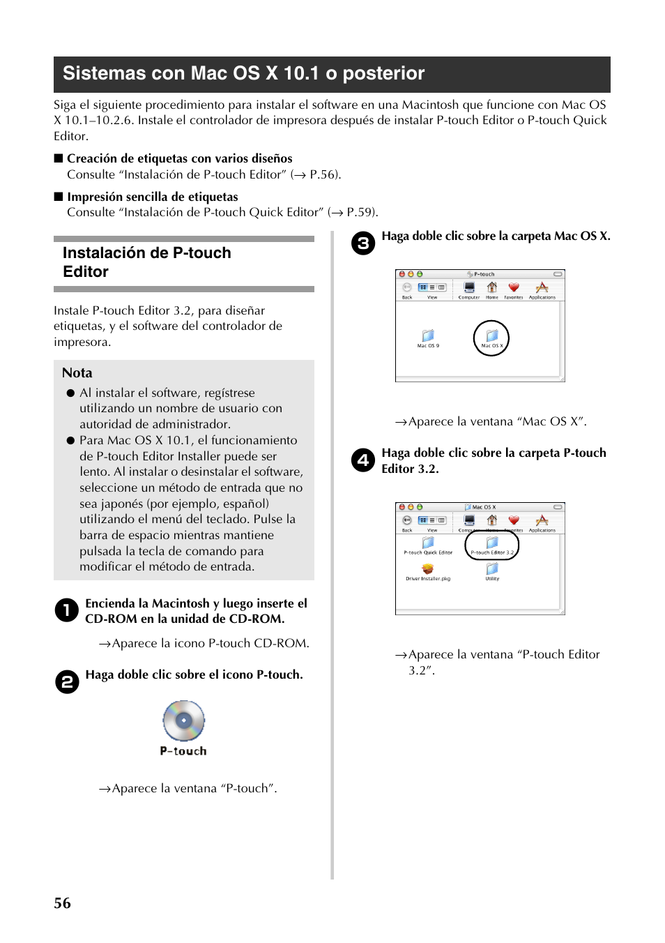 Sistemas con mac os x 10.1 o posterior, Instalación de p-touch editor | Brother PT-9500PC User Manual | Page 184 / 254