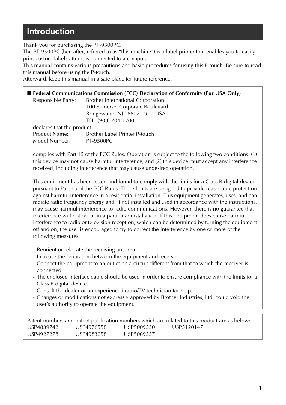 Introduction | Brother PT-9500PC User Manual | Page 2 / 254