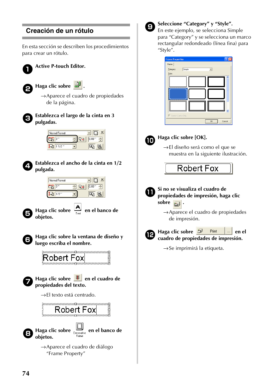 Creación de un rótulo, 74 creación de un rótulo | Brother PT-9500PC User Manual | Page 202 / 254