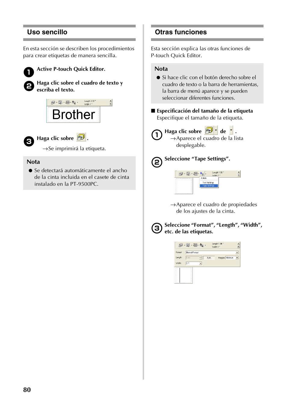 Uso sencillo, Otras funciones, Uso sencillo otras funciones | 80 uso sencillo | Brother PT-9500PC User Manual | Page 208 / 254