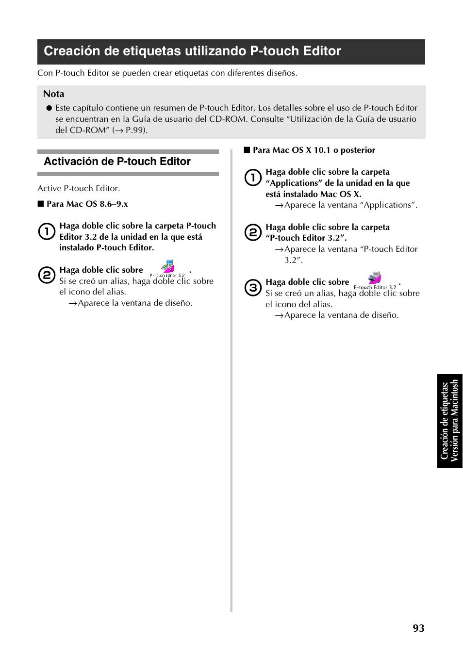Creación de etiquetas utilizando p-touch editor, Activación de p-touch editor, P.93) | Brother PT-9500PC User Manual | Page 221 / 254