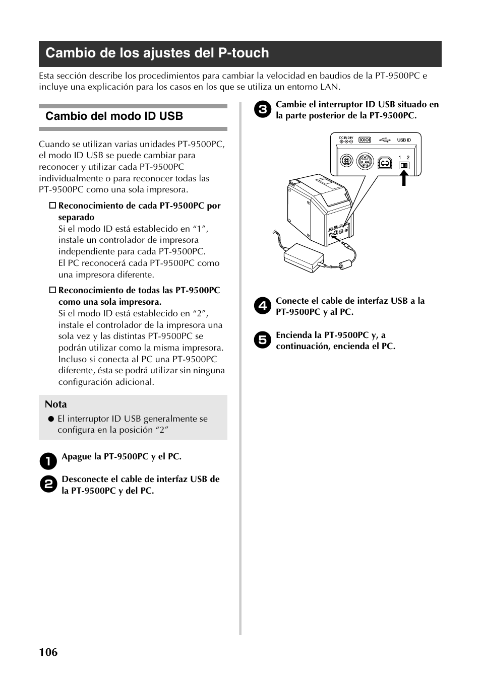 Cambio de los ajustes del p-touch, Cambio del modo id usb | Brother PT-9500PC User Manual | Page 234 / 254
